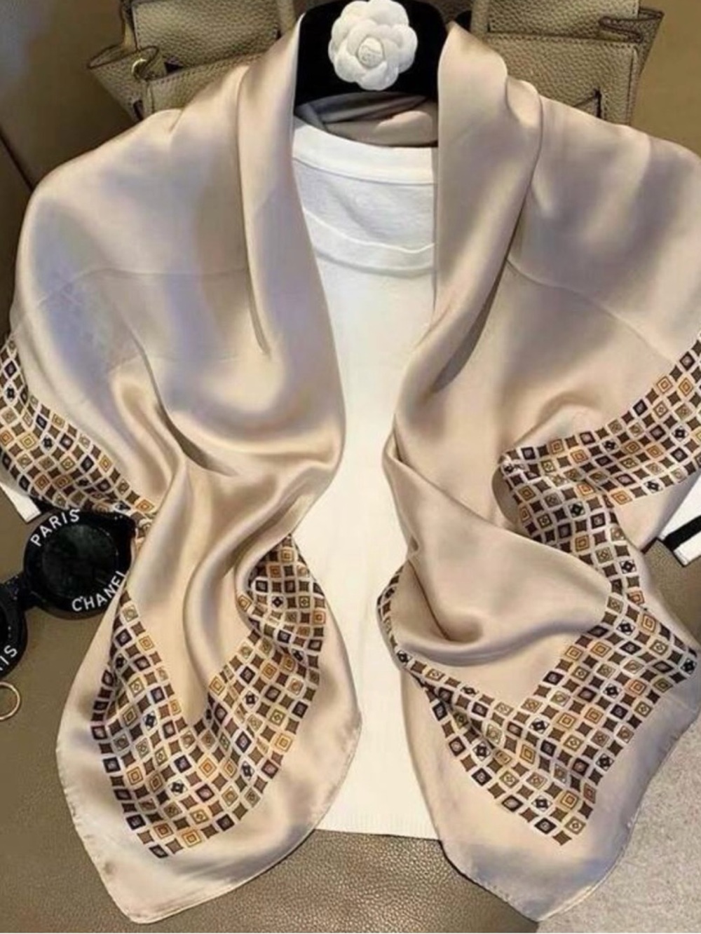 Macy's Beige Silk Scarf with Geometric Accent